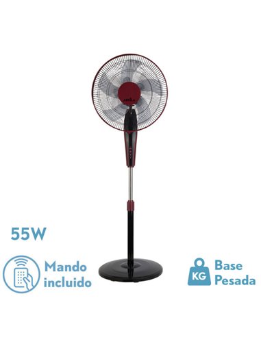 Ventilador De Pie Borlon Negro/burdeos 3 Vel.55w 5x2 aspas Orientable+ Remoto+ Temporizador Regx43x40 Cm