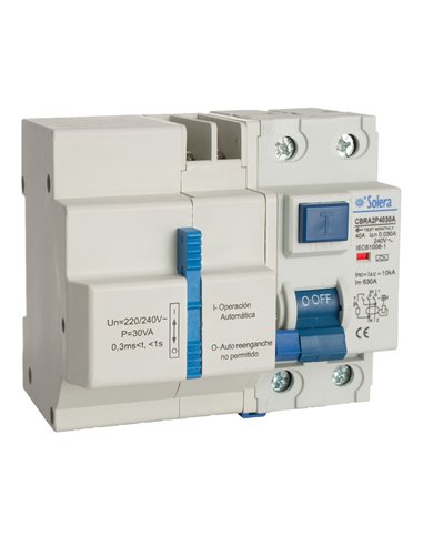 Int. diferencial 2p 40a 30ma ac c/reconexion automatica con 3 tiempos (retractilado) solera cbra2p4030a