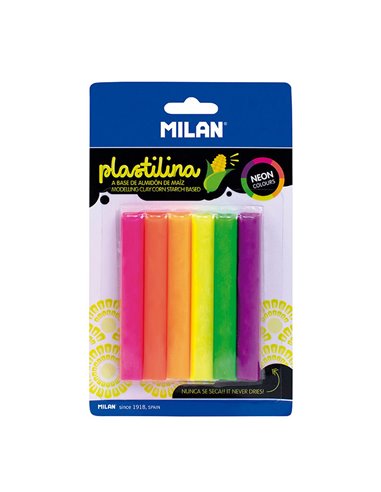 Blíster con 6 barritas de plastilina de colores de fluorescentes 70g milan