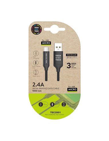 Cabo USB-A de nylon trançado preto para micro USB 1m 2 Tech One Tech