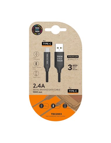 Cable negro nylon (usb-a a usb-c), 1m 2a tech one tech