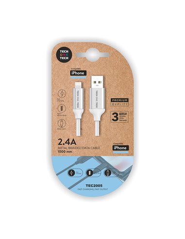 Cable blanco nylon (usb-a a lightning/apple) 1m 2a tech one tech