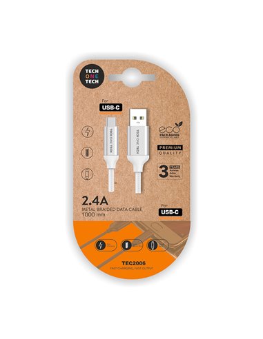 Cabo USB-A para USB-C de nylon branco 1m 2A Tech One Tech