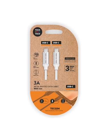 Cable pd blanco (usb-c a usb-c) nylon, 1m 3a tech one tech