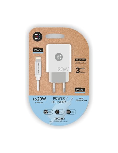 Cargador pd 20w + cable lightning-apple blanco tech one tech