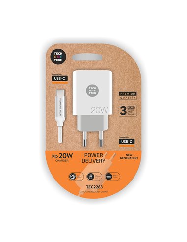 Cargador pd 20w + cable usb-c blanco tech one tech