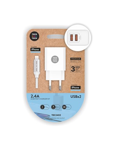 Carregador duplo branco + cabo Apple 2.4 Tech One Tech Lightning Nylon