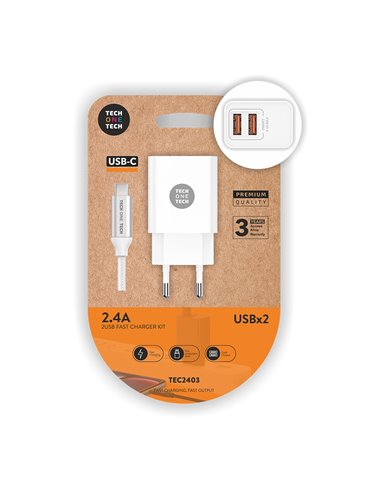 Cargador doble blanco+cable nylon usb-c 2,4a tech one tech