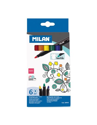 Caja con 6 rotuladores para pintar sobre tejidos milan