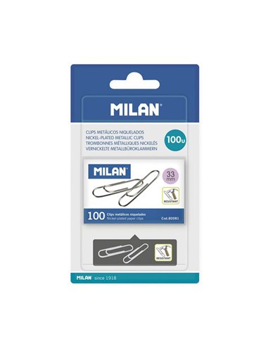 Blister 1 caja con 100 clips metalicos 33mm milan.