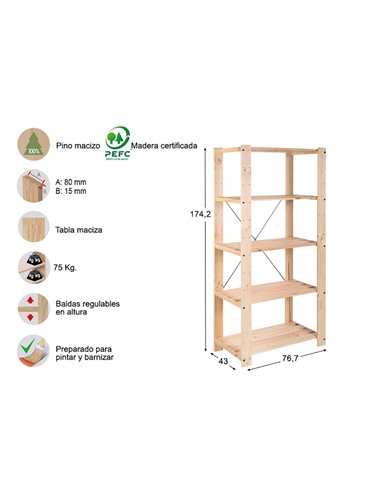 Estante de ripas Evolution 5, pinho Astigarraga maciço 76,5x38,5x174,5cm