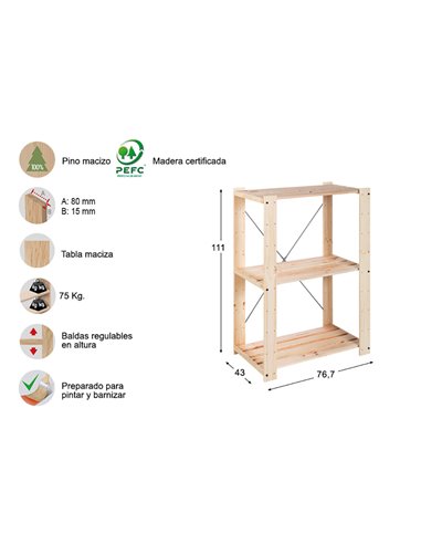 Estante de ripas Evolution 3 111x76,7x43cm pinho Astigarraga maciço