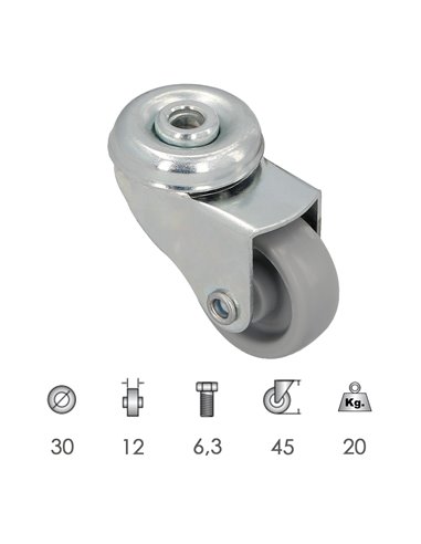 Roda doméstica Ø 30 mm. Furo passante Ø 6,3 mm.