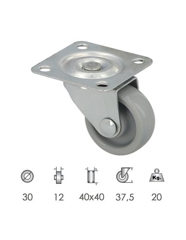 Roda doméstica Ø 30 mm. Com Placa 40x40 mm.