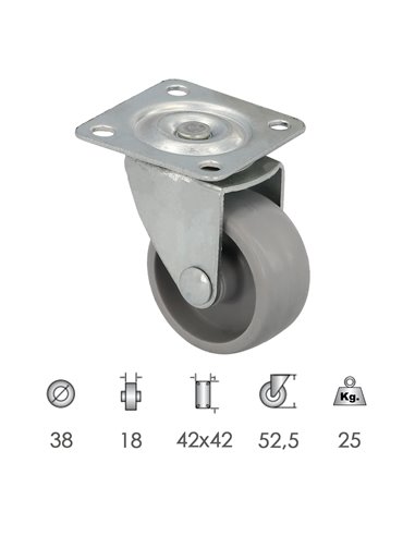 Roda doméstica Ø 38 mm. Com Placa 42x42 mm.