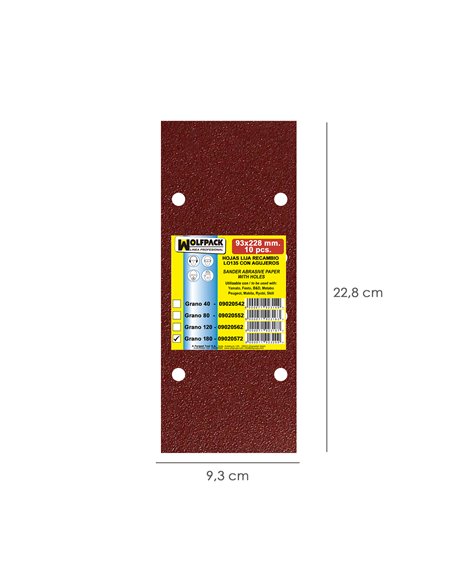 Lija Recambio  93x228 mm. con Agujeros Grano 180 (10 Piezas)