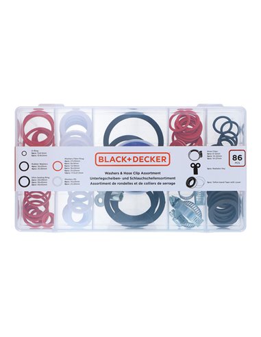 Surtido de arandelas y abrazaderas de manguera, 86 piezas ass black+decker