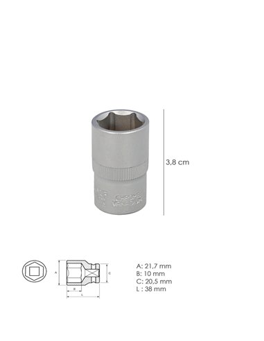 Llave Vaso 1/2" Hexagonal 15 mm. Perfil de 6 caras. Acero Cromo Vanadio, Aristas Redondas