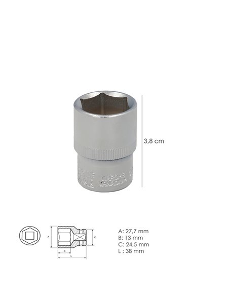 Llave Vaso 1/2" Hexagonal 21 mm. Perfil de 6 caras. Acero Cromo Vanadio, Aristas Redondas