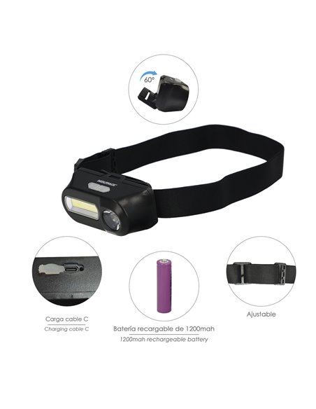 Linterna Led Frontal Cabeza Ajustable 350 Lumenes 4 Modos, Cinta Ajustable, 3 modos de luz. Fuerte, media y flash. 1200Mah
