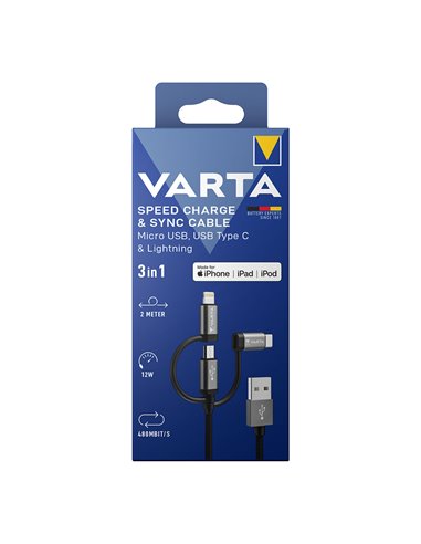 Cable 3 en 1 usb a - lighting - micro usb - tipo c varta