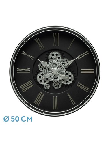 Reloj De Pared Cacin Negro/plata 50x50x6cm Engranajes Con Movimiento