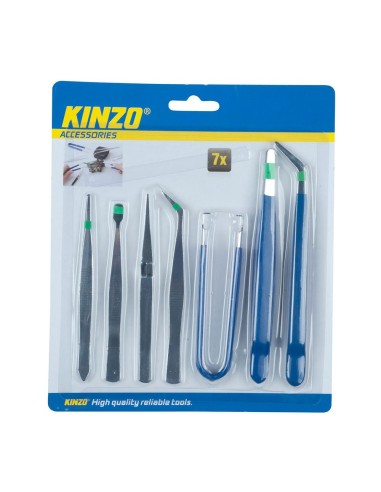 Pack of 7 precision steel tweezers for KINZO tools