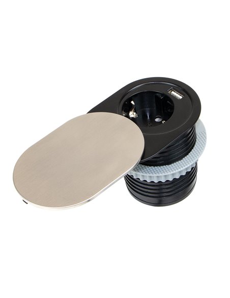 Emuca Multiconector con tapa deslizante Vertikal Flat 60, diámetro 60mm, 1 enchufe tipo Schuko, 1 USB tipo A, Acero y Plástico, 