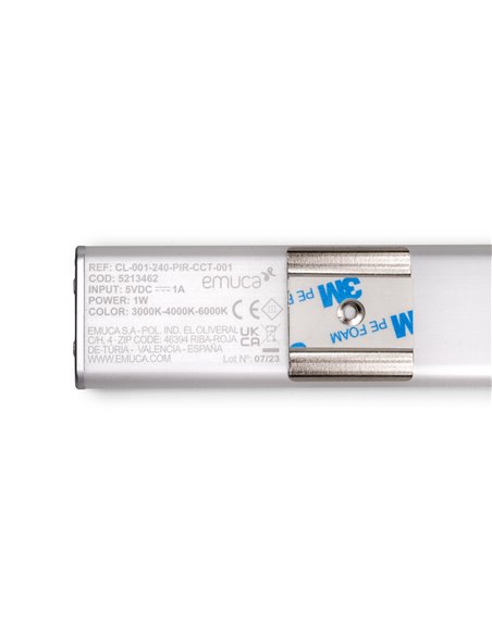 Emuca Kaus LED light rechargeable by USB and with switch, L 400 mm, Matt anodized, Plastic and Aluminium