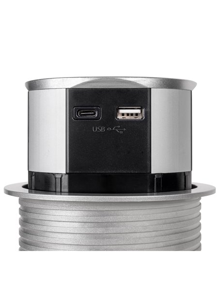 Emuca Multiconector extraíble Vertikal Push diámetro 100mm, 3 enchufes tipo Schuko, 1 USB tipo A, 1 USB tipo C, Acero y Plástico