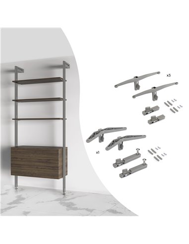 Emuca Kit de soportes para 3 estantes de madera y 1 módulo para la estructura Zero, Zamak, Pintado color gris piedra