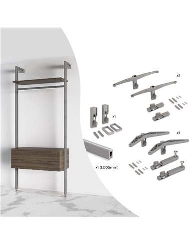 Emuca Kit de soportes para 1 estante de madera, 1 módulo y 1 barra de colgar de longitud 1m Zero, Zamak, Pintado Color gris pied