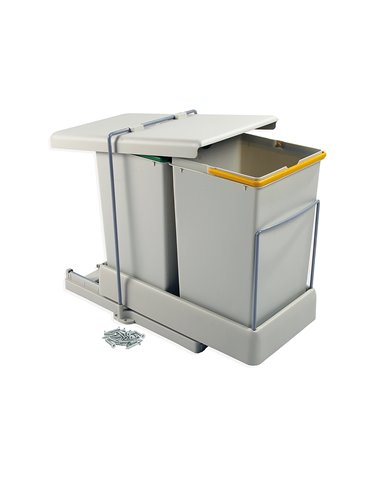 Emuca Recycling bin, bottom fastening, automatic extraction and lid, 2 containers with 14 litres, Plastic, Grey