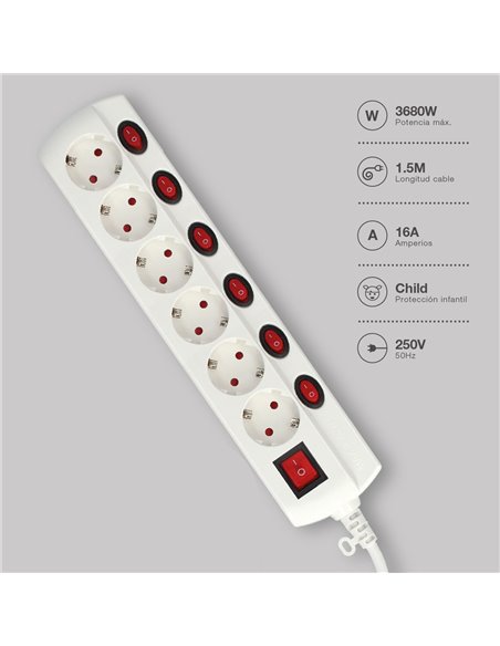 Base múltiple 6T con multi interruptor (3x1.5mm) 1,5M