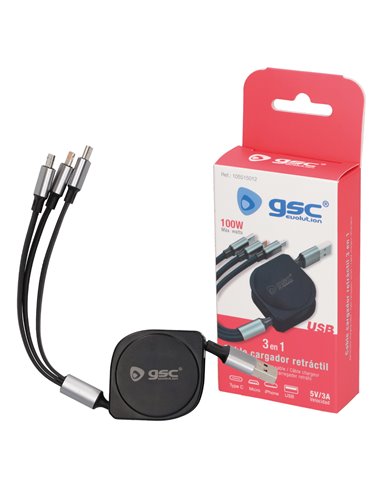 Câble de chargeur rétractable 3 en 1 (USB Type C, connecteur Lightining et Micro USB Type C)