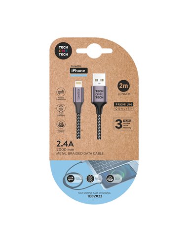 Cable nylon 2m c/usb-a a Lightning, apple 2,4a TECH ONE TECH – Gris