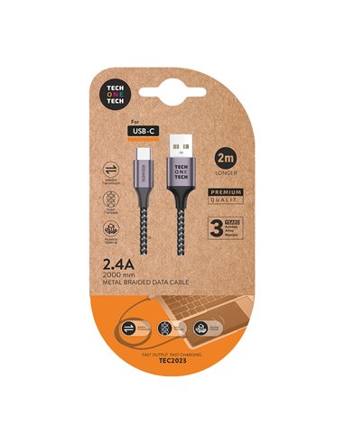 Cable nylon 2m c/usb-a a usb-c. 2,4a TECH ONE TECH – Gris