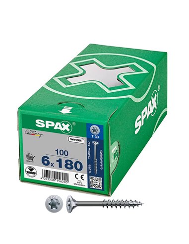 Caja de tornillo universal “Wirox” de cabeza plana T30 Ø6x180mm (100 unidades) SPAX