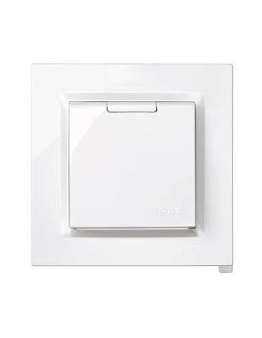 Enchufe (2P+T tipo F) monobloc blanco “Serie 10” con tapa y marco hecho en plástico 16A 230V IP44 8,4x8,4cm SIMON