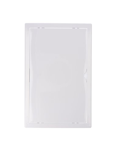 Tapa de registro rectangular empotrable blanca hecha en ABS con mecanismo de apertura push-pull apta para pladur 27,5x42,5cm EDM