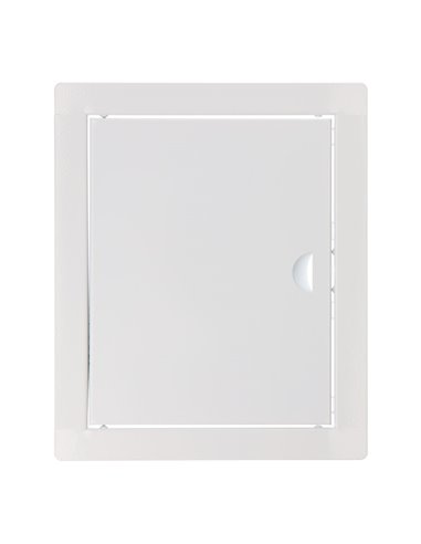 Tapa de registro rectangular empotrable blanca hecha en acero con mecanismo de apertura push-pull 24,5x29,5cm EDM 