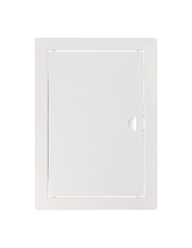 Tapa de registro rectangular empotrable blanca hecha en acero con mecanismo de apertura push-pull 24,5x34,5cm EDM 