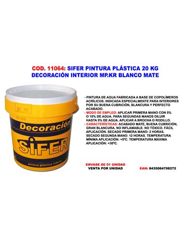 SIFER PINTURA PLASTICA 20 KG PARED/TECHOS INTERIOR  BLANCO MATE