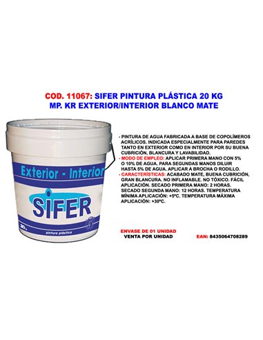 SIFER PINTURA PLASTICA 20 KG EXTER/INTER BLANCO MATE PARED/TECHO