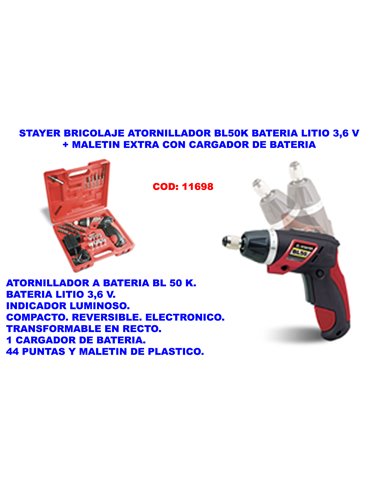 STAYER BRICOLAJE ATORNILLADOR BL50CK BATERIA LITIO 3,6V+MAL.EXTR