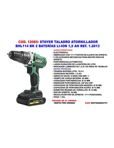 STAYER TALADRO ATORNILLAD BHL114 BPK 2 BAT LI-ION 1.5 AH1.2011 