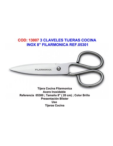 3 CLAVELES TIJERAS COCINA INOX 8"  FILARMONICA REF.05301