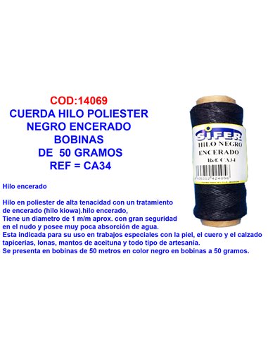 CUERDA HILO POLIESTER NEGRO ENCERADO BOBINAS DE  50 GRAMOSCA34