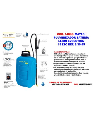 MATABI SULFATADORA PULVERI BATERIA 18V LI-ION EVOLU 15 LTC83045