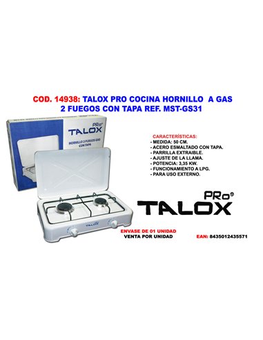 TALOX PRO COCINA HORNILLO A GAS 2 FUEGOS CON TAPA MST-GS31